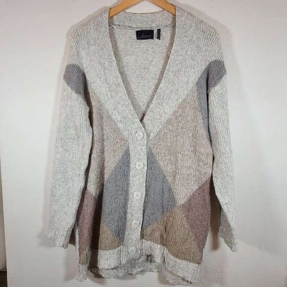 Line The Label Argyle Gray Multi Color Long‎ Line Button Front Cardigan Cozy S - Picture 4 of 8